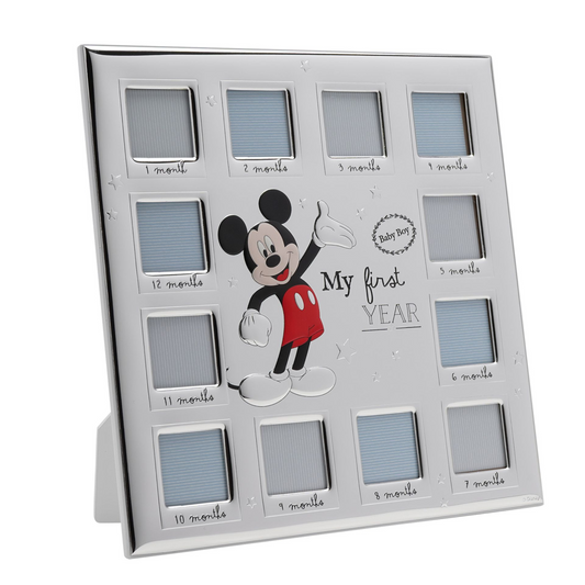 Disney Mickey Mouse 12 Month Multi Aperture Real 999 Silver Plate Frame With White Wooden Back